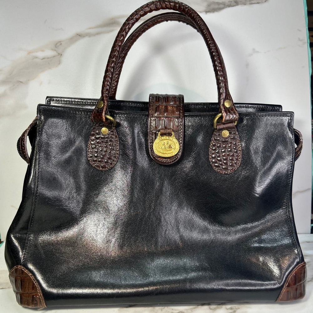 Brahmin Vintage Black Leather Croc Embossed Satchel Handbag Brown Trim Gold Logo